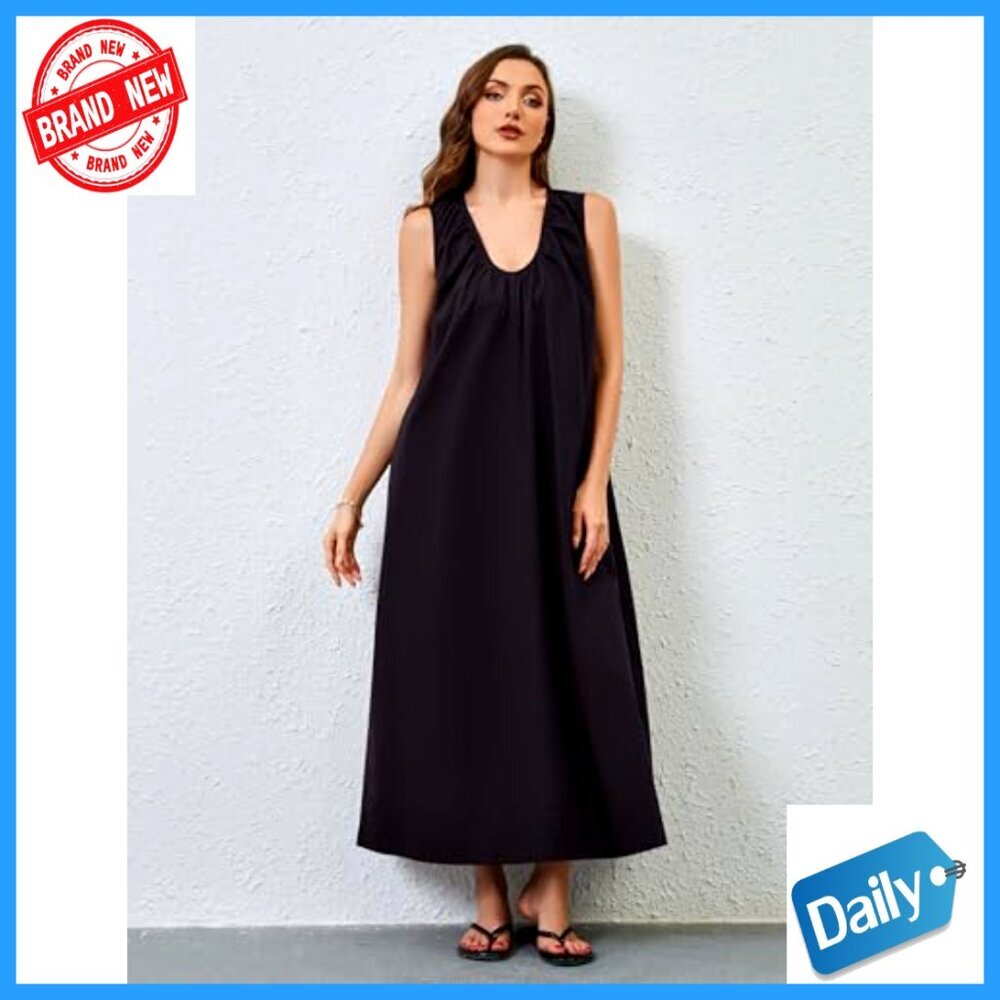 Cotton Maxi Dress with Scoop Neck Ruched Details Side Pockets - Picture 2 of 5